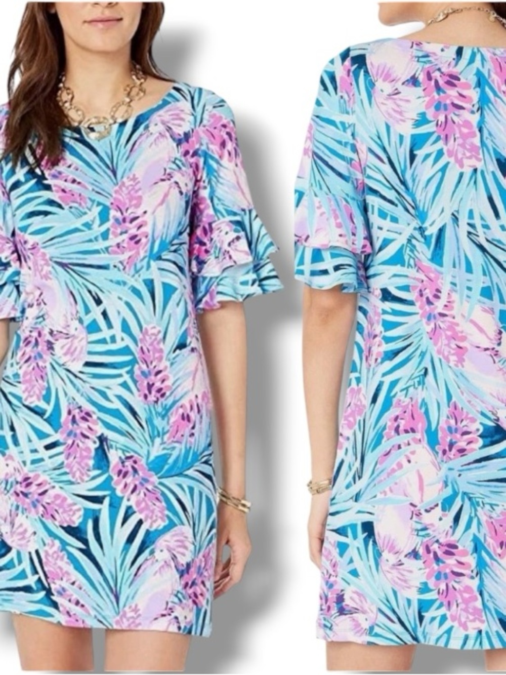 Lilly Pulitzer Lula Ruffle Sleeve Dress  Mr. Peacock Blue Tweethearts Size Small